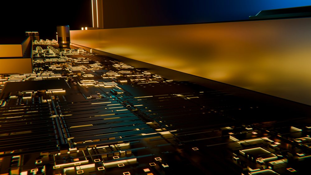 Close-up of a computer motherboard circuit board with glowing electronic components and connectors in a digital technology environment.