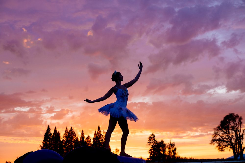 Ballet dancer in tutu poses gracefully outdoors at sunset with colorful sky and silhouetted trees, USA.