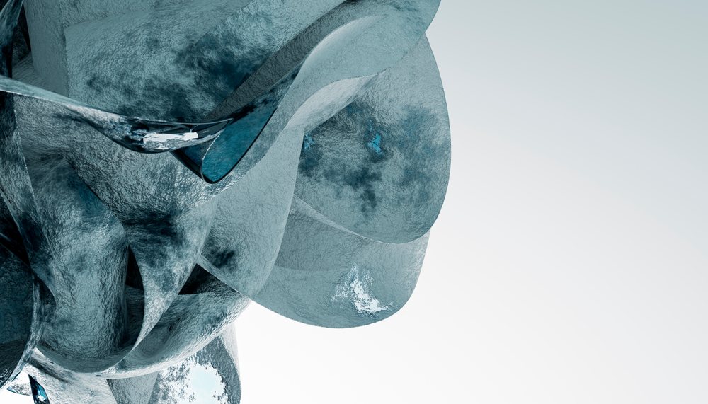 Blue textured metal abstract sculpture with curved overlapping shapes displayed in a studio setting.