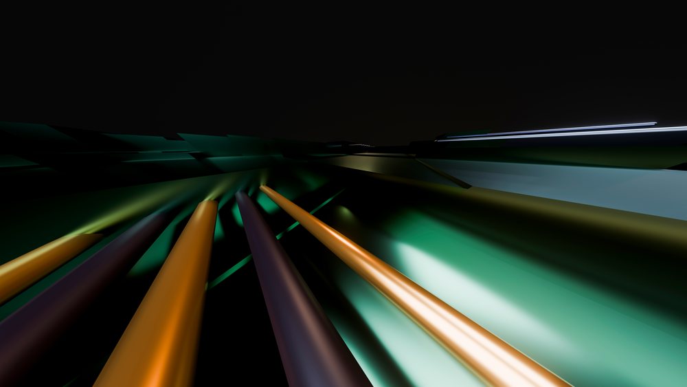 Abstract digital artwork featuring glowing orange and green lines forming a futuristic light pattern on a dark background.