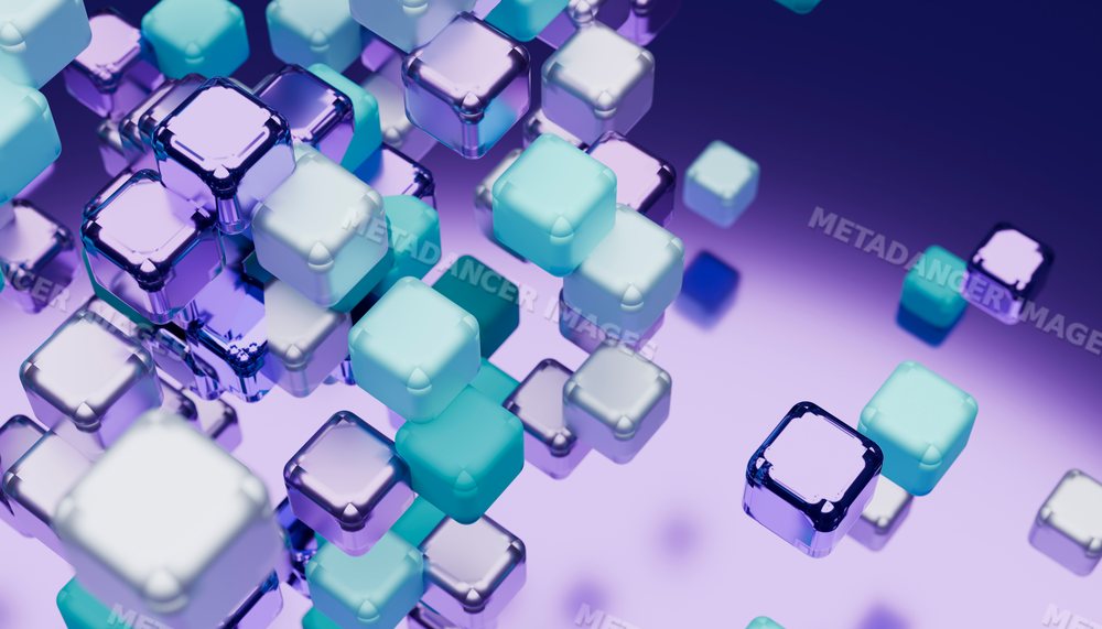 Rendering of floating transparent and colored 3d cubes