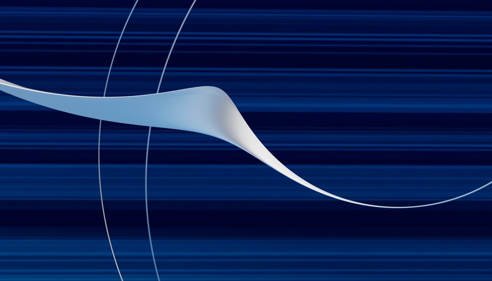 White abstract flowing ribbon shape over a blue striped background creating a modern minimalist design.