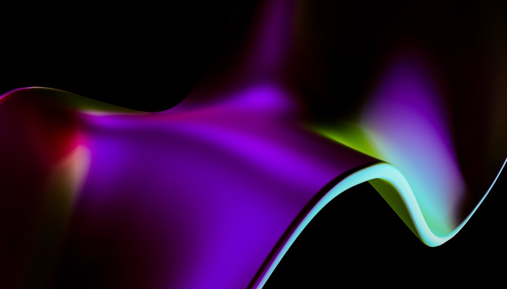 Abstract digital illustration of a smooth colorful wave with purple, green, and blue highlights on a black background, render, wallpaper.