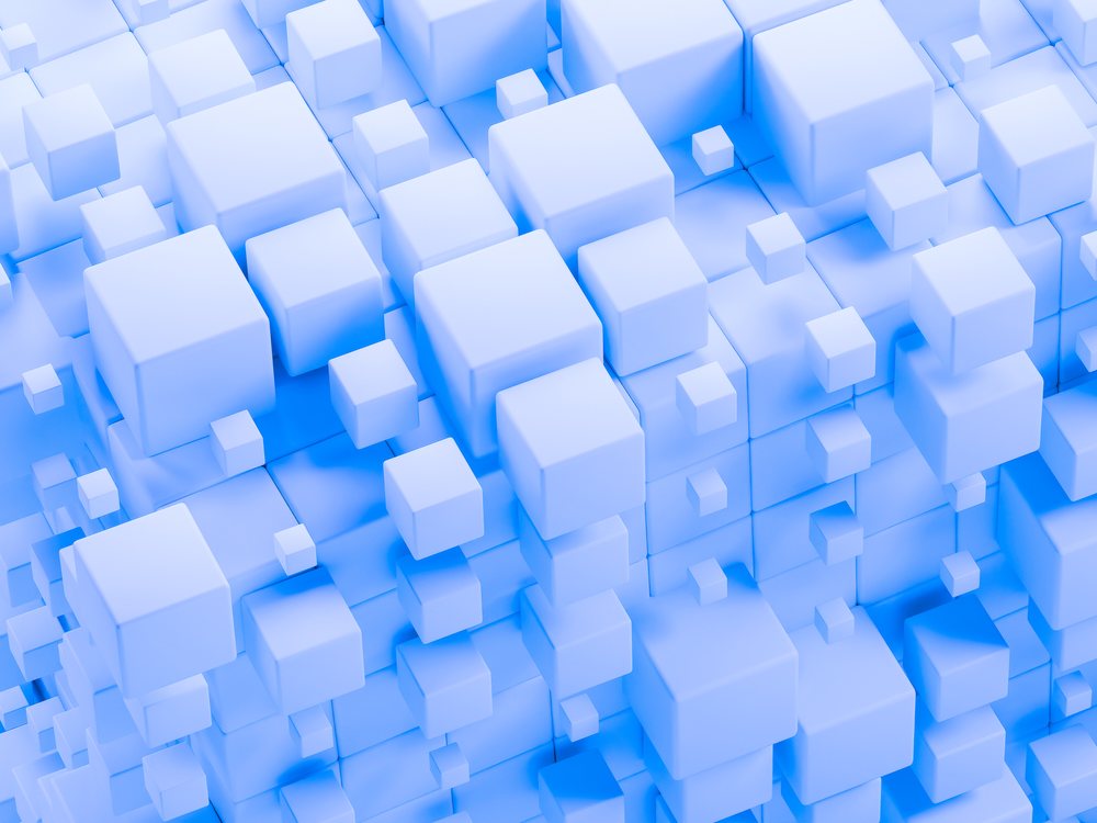 Abstract digital 3D blue cubes floating in a pattern on a blue background.