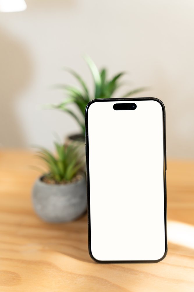 Smartphone with blank white screen stands on a wooden table next to potted succulent plants indoors, mock up, Spain.