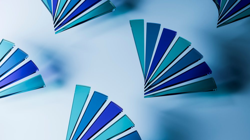 Digital illustration of blue glass triangular prisms arranged symmetrically with transparent, reflective surfaces and a cool color palette.