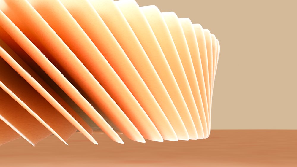 Abstract sculpture with curved smooth patterns softly lit against a plain beige background.