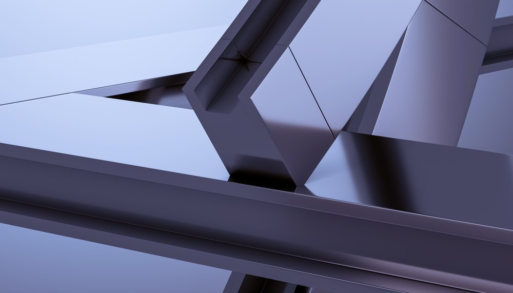 Abstract 3D digital render of intersecting blue metallic geometric shapes forming a modern wallpaper design.