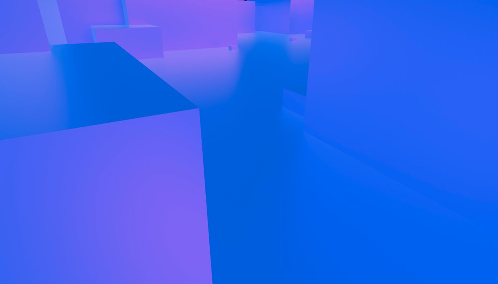 Blue geometric abstract shape composition with cubic blocks and smooth gradient lighting.