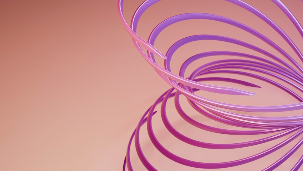 Abstract 3D purple and pink swirling spiral rings on a smooth gradient background in a digital illustration.