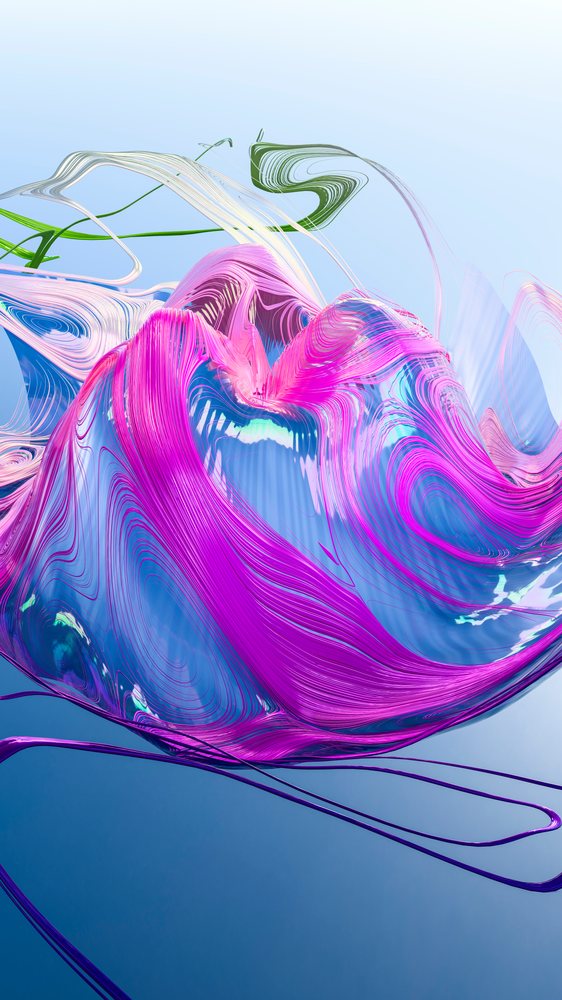 Digital abstract artwork featuring fluid pink and white swirls on a blue background in a 3D modern design.
