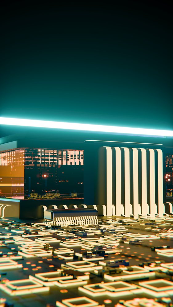 Glowing microchip and electronic components on a circuit board with a futuristic design in a dark setting.