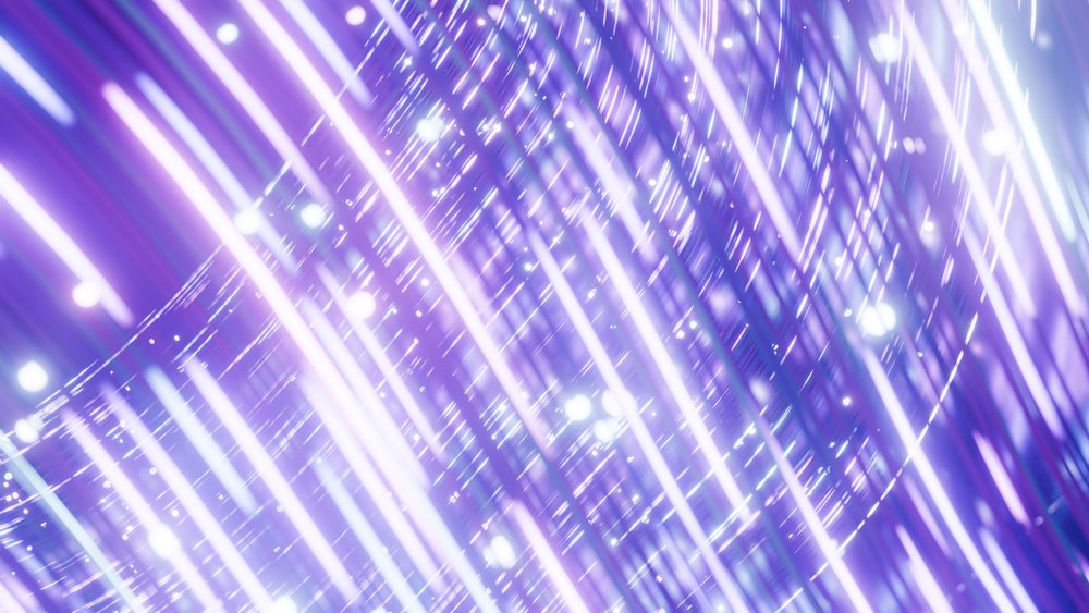 Abstract digital illustration with purple glowing light trails forming dynamic wave patterns and bright neon streaks.