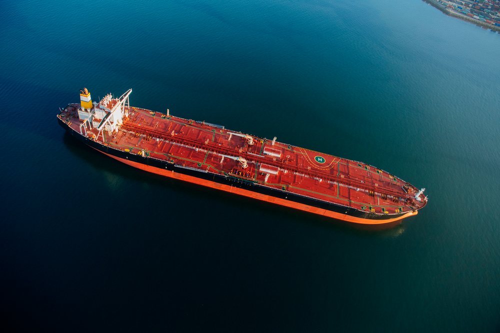 Oil tanker cargo ship anchored, Port of Long Beach, CA, USA.
