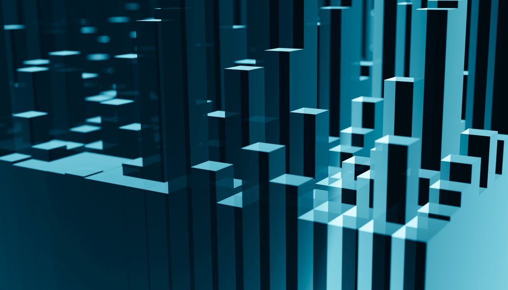 Abstract 3d blocks in blue tones forming a modern geometric pattern with vertical columns and digital art style.
