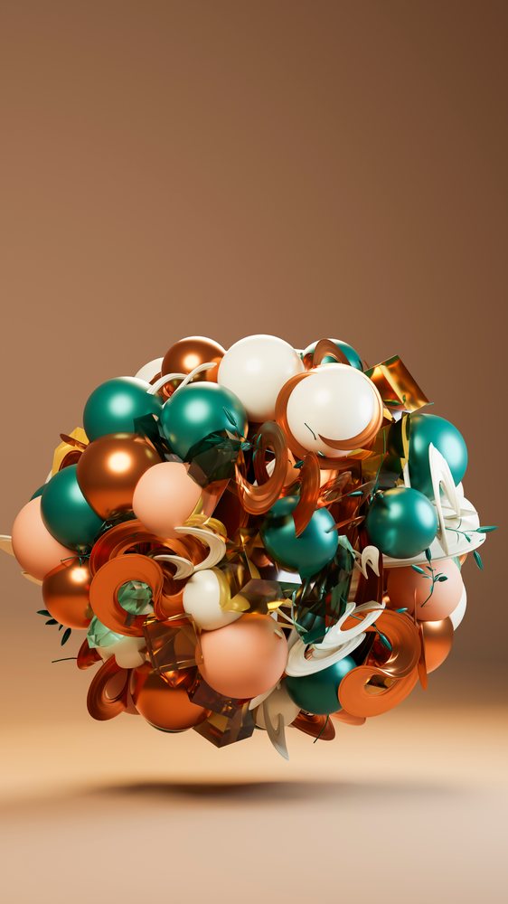 Digital 3D rendering of a floating abstract sculpture composed of colorful orange, green, and cream spheres with curved rings on a brown gradient background.