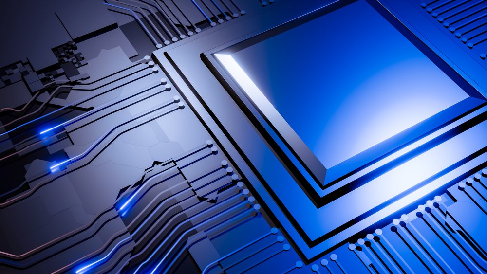 Microchip on a circuit board illuminated by blue lights in an abstract digital rendering.