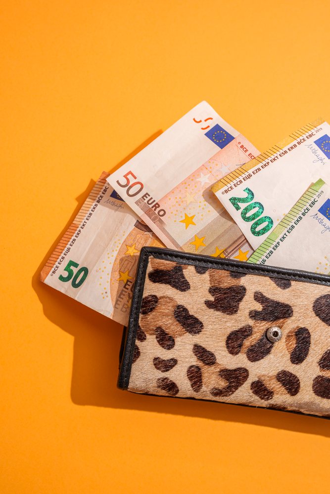 Leopard print wallet containing euro banknotes on an orange background, cash.