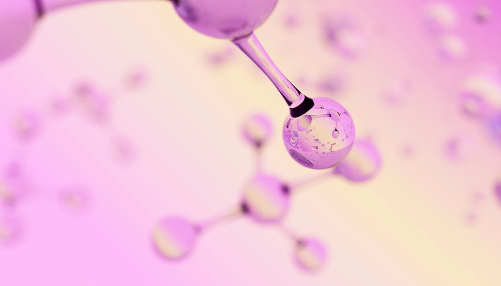 Close-up 3D illustration of transparent purple and pink molecular structures with connected spheres.