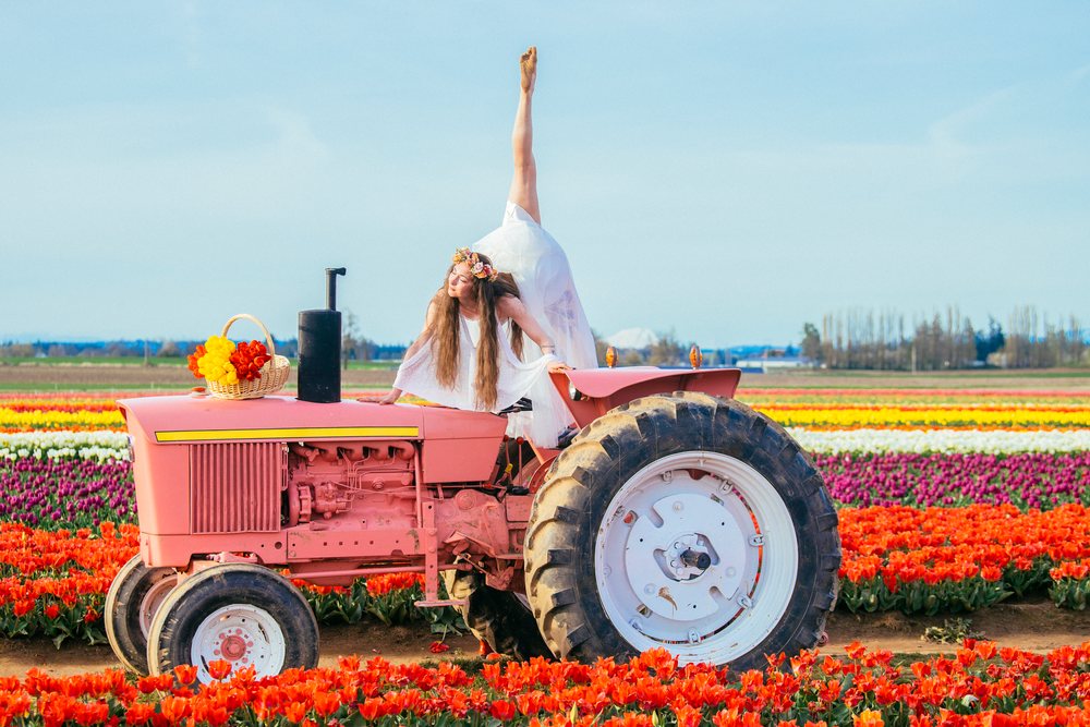 Woman in white dress and flower crown performs a yoga pose on a pink tractor in a colorful tulip field, USA.