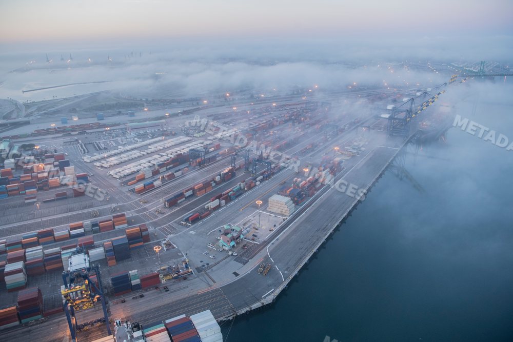 Fog enveloping the Long Beach cargo container port and terminal