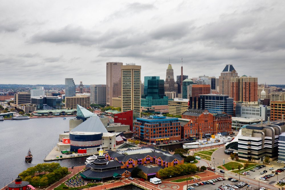 View of Baltimore's Inner Harbour waterfront and downtown skyline, Maryland, USA.