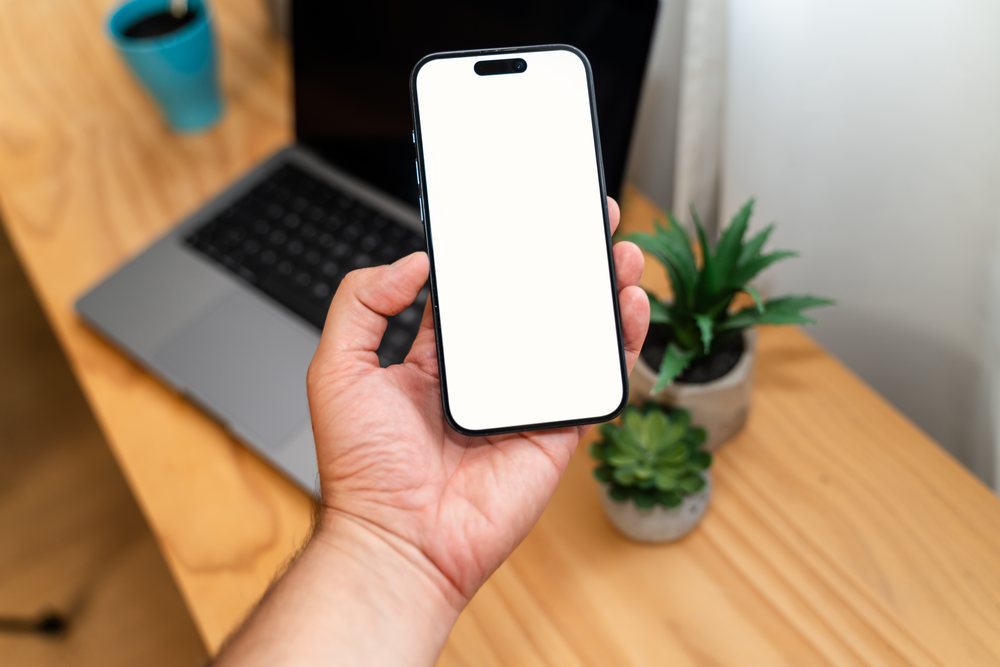 Hand holding smartphone with blank screen in front of laptop and two succulent plants on wooden desk surface, mock up, white screen, Spain.