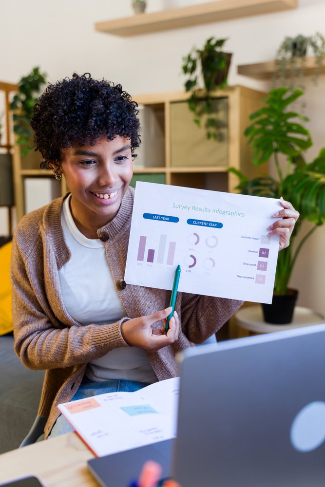 Woman presents a survey results infographic during an online video call while seated at her home office desk with laptop and planner, Spain.