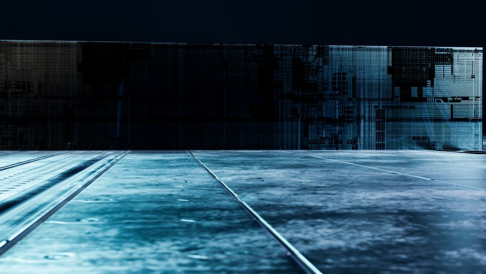 Industrial interior features metal floor panels with joints and a dark textured metal wall with grid pattern.