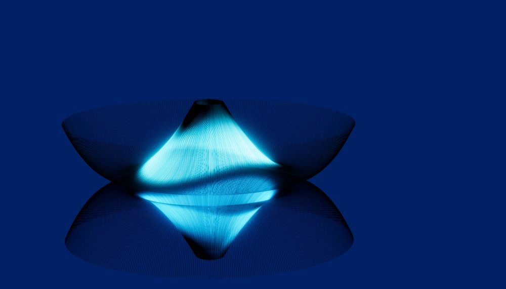 Wireframe cone with blue glow reflected on a dark surface in a digital abstract design.