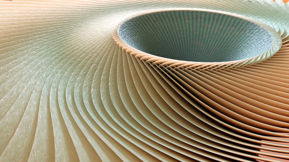 Abstract image showing a smooth textured spiral pattern of curved green and beige lines with digital 3d shapes.