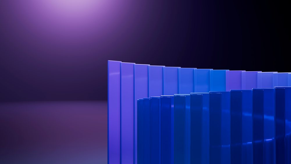 Curved blue and purple vertical glossy panels form a modern abstract design on a dark gradient background in this digital illustration.