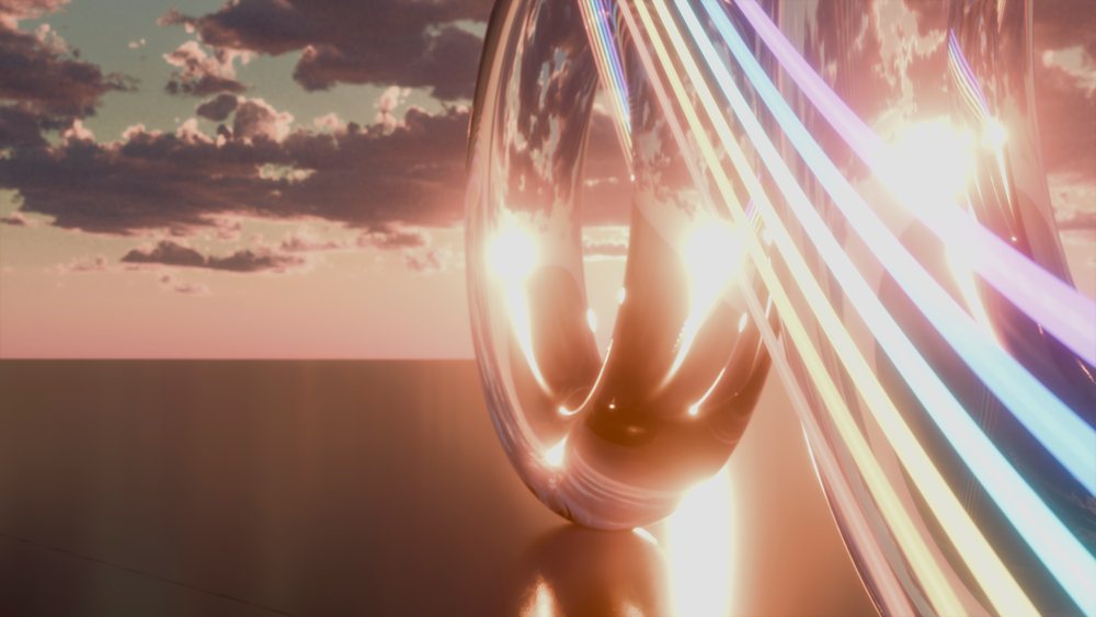 Reflective ropelike abstract sculpture illuminated by glowing multicolored lines against a sunset sky with clouds.