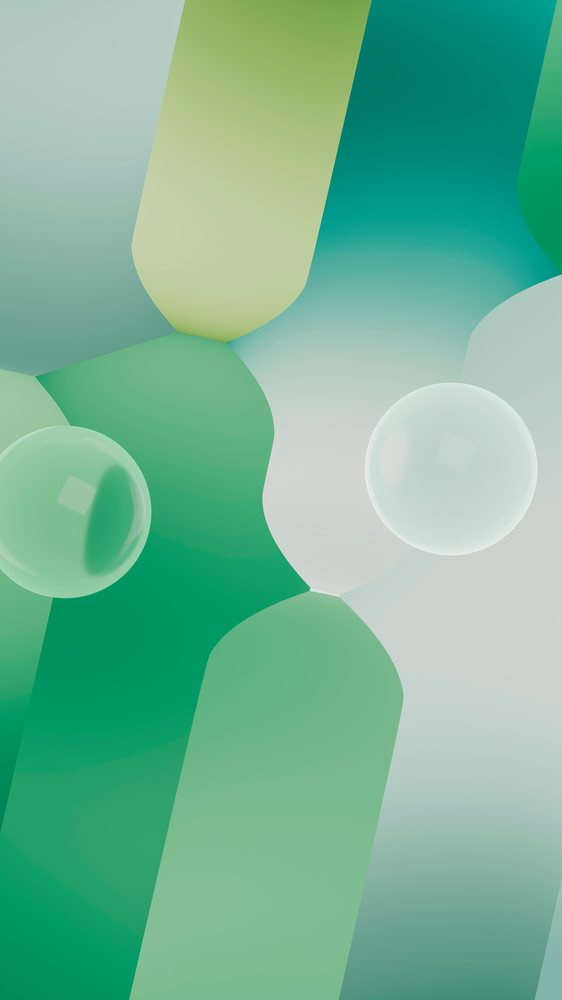 Abstract digital illustration showing green rounded shapes and translucent bubbles floating over a smooth gradient background.