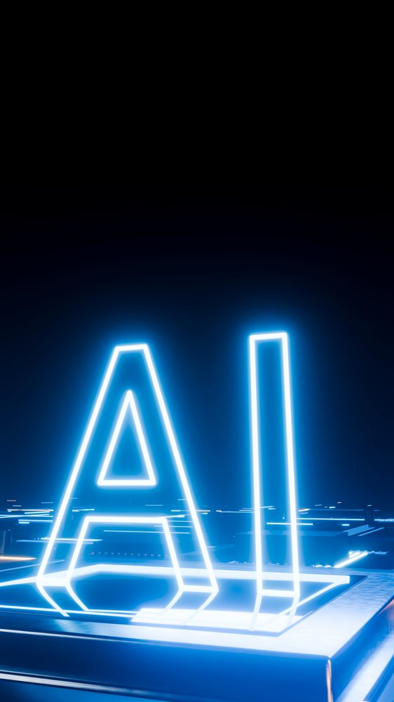 Neon sign displaying the letters AI emits a blue glowing light against a dark background.