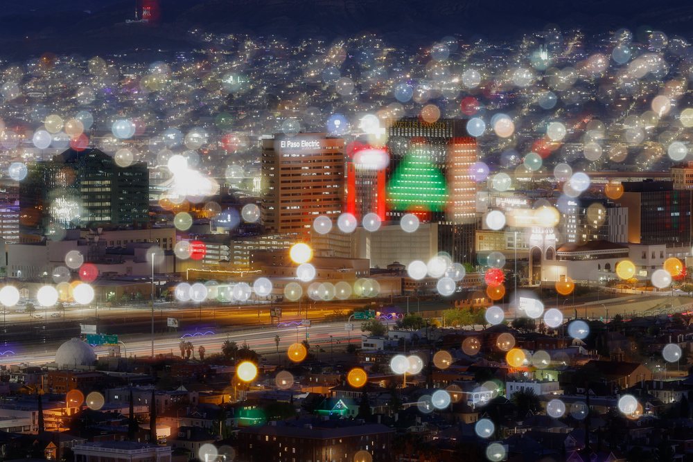 Nighttime cityscape of the El Paso skyline, landscape, wildlife, Texas, USA.