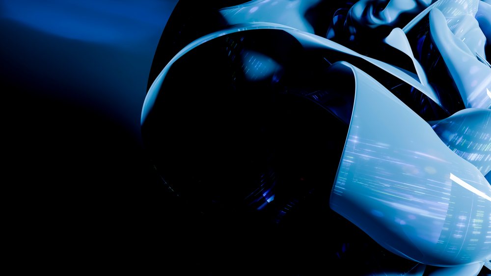 Abstract blue digital 3D render featuring smooth glossy curves with light reflections on a dark background.