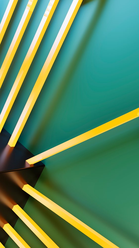 Modern abstract art installation features bright yellow vertical bars mounted on a black base with a green background.