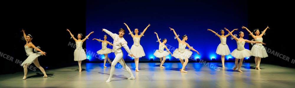 Ballet dancers perform a classical dance in white tutus on stage