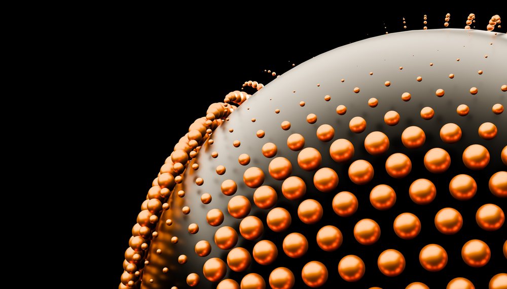 Abstract 3D digital rendering of shiny orange spheres arranged in a patterned formation on a curved black surface, abstract render background.