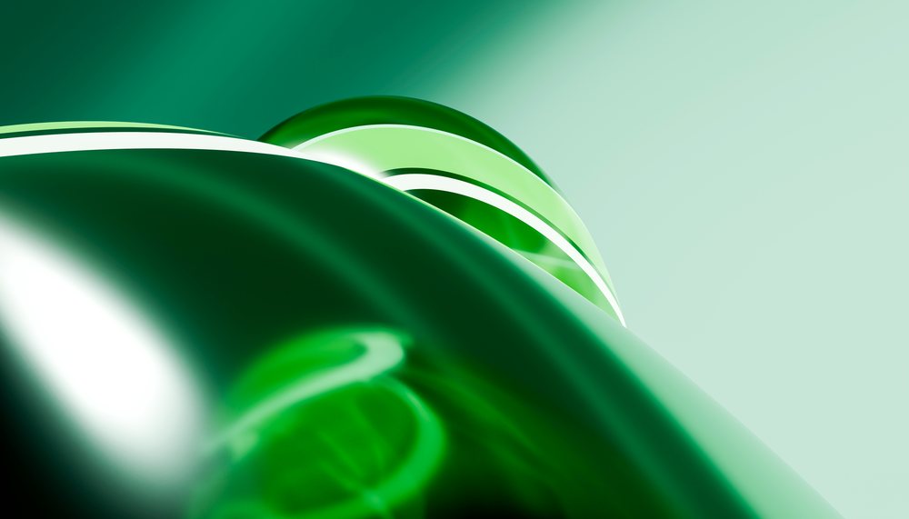 Green abstract curved shapes with white stripes on a gradient green background in a modern digital art style.