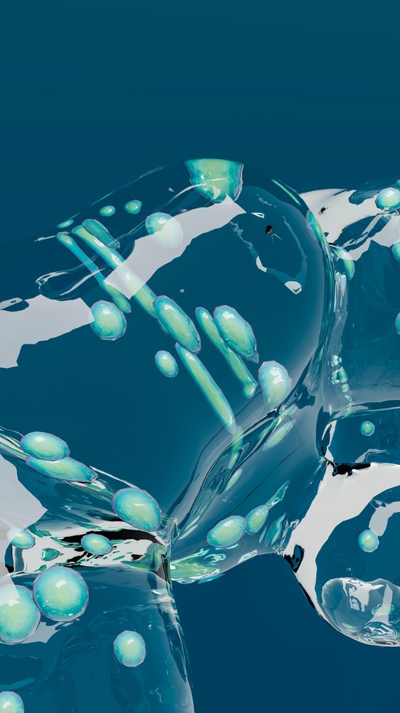 Abstract digital artwork of translucent liquid bubbles with blue and green tones on a blue background.