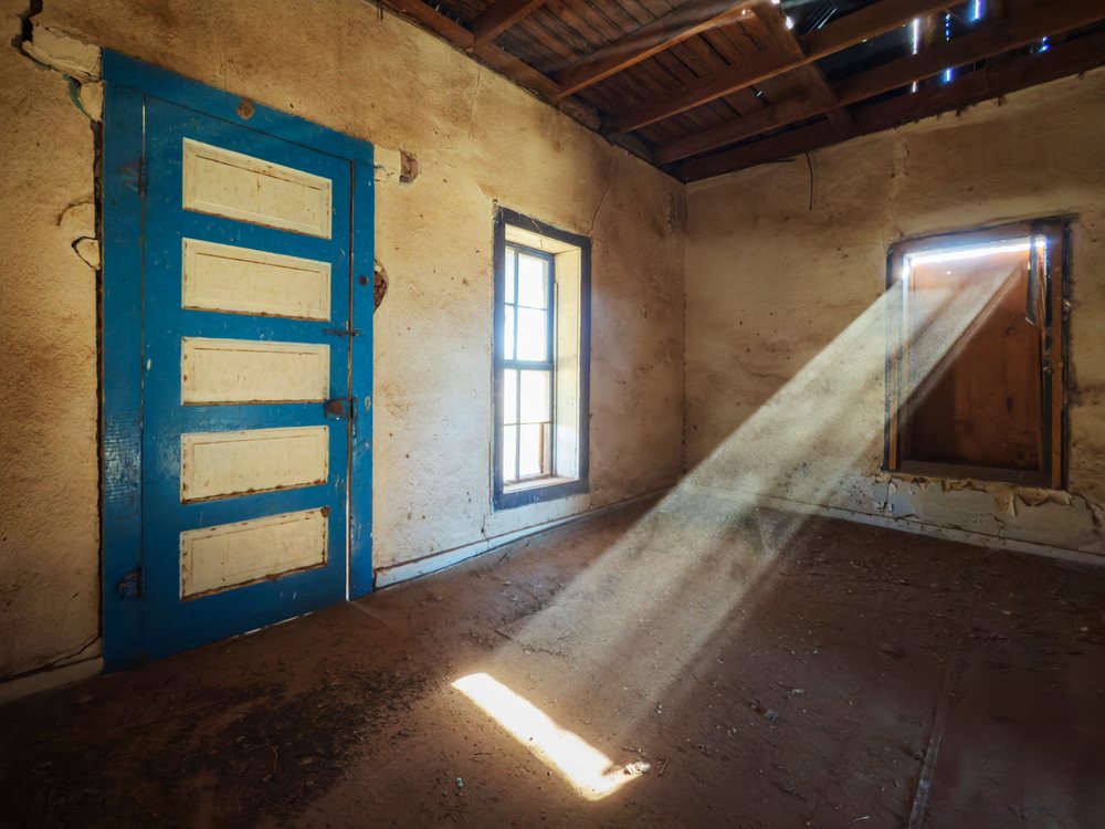 Sunlight illuminates the dusty interior of an Abandoned House, landscape, wildlife, Valentine, Texas, USA.