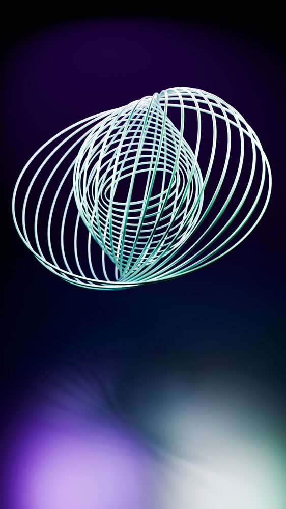 Wireframe sphere with twisted loops floats against a blue and purple gradient background in digital abstract art.