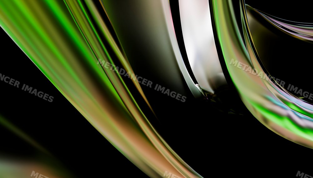 Abstract metallic curved shapes with reflective green and brown tones