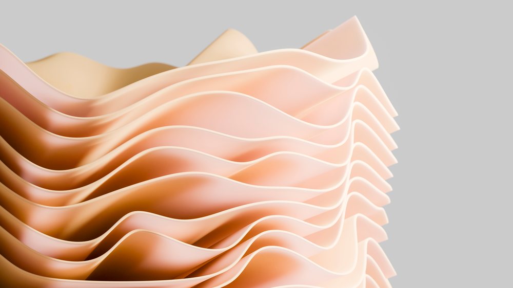Stacked abstract shapes with soft peach tones and smooth curves layered against a neutral background.
