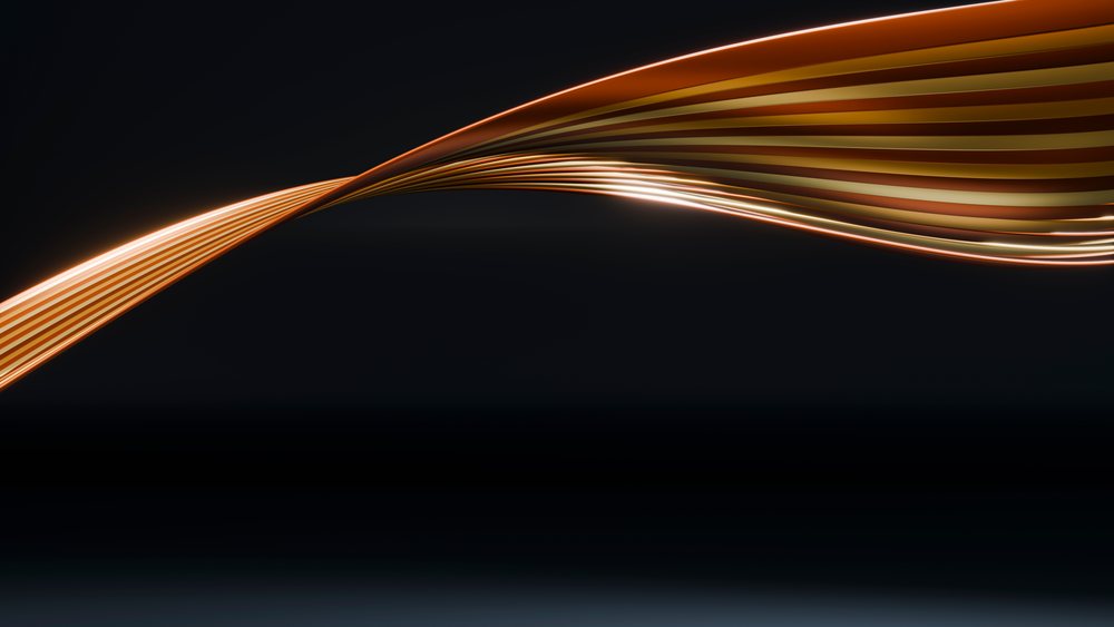 Abstract digital orange wave with smooth flowing curved lines on a dark background.
