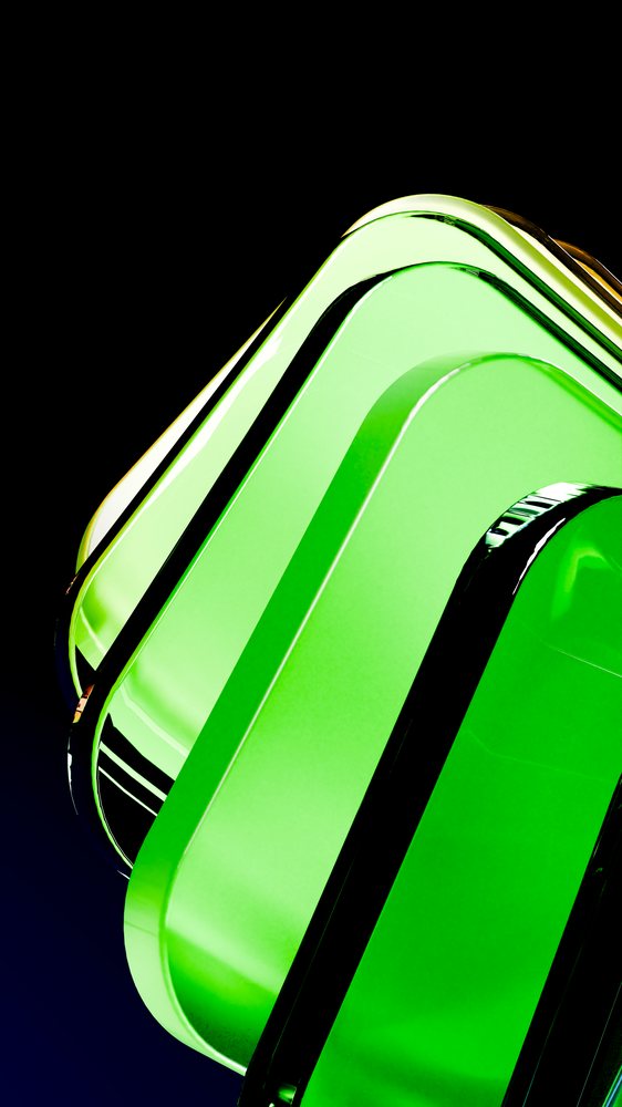 Stacked rounded green shapes composed in an abstract digital illustration with a black background.