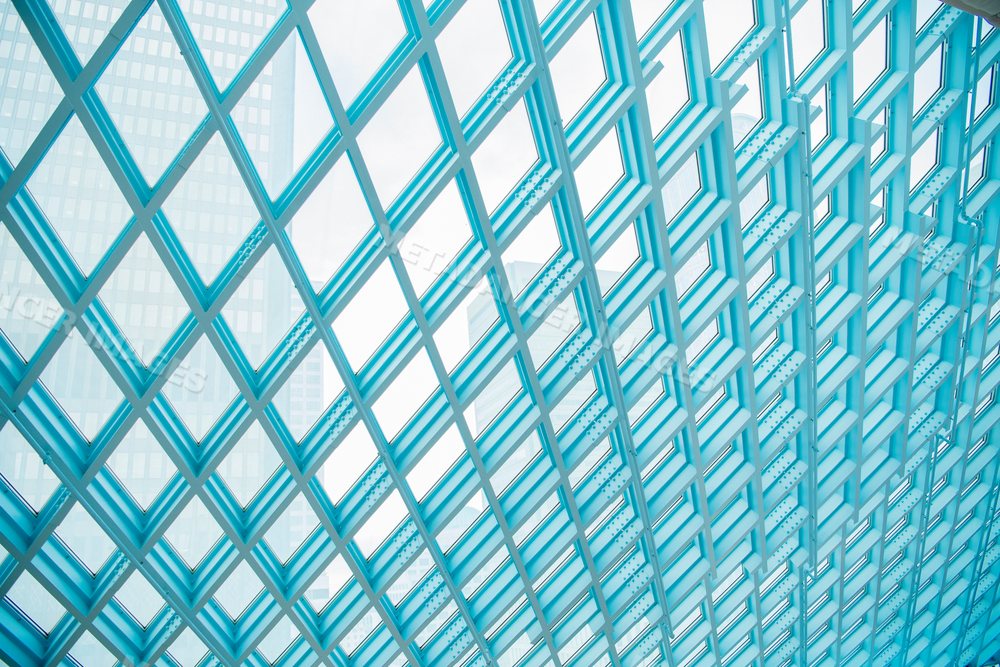 Glass ceiling and steel framework inside the Seattle public library