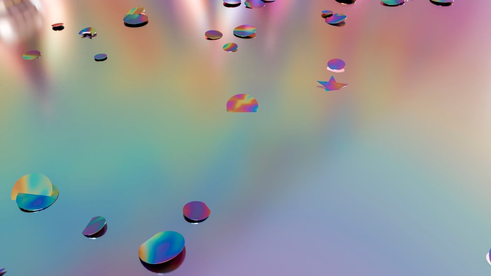 Multiple water droplets on a wet glass surface reflect vibrant multicolored light creating an abstract pattern.